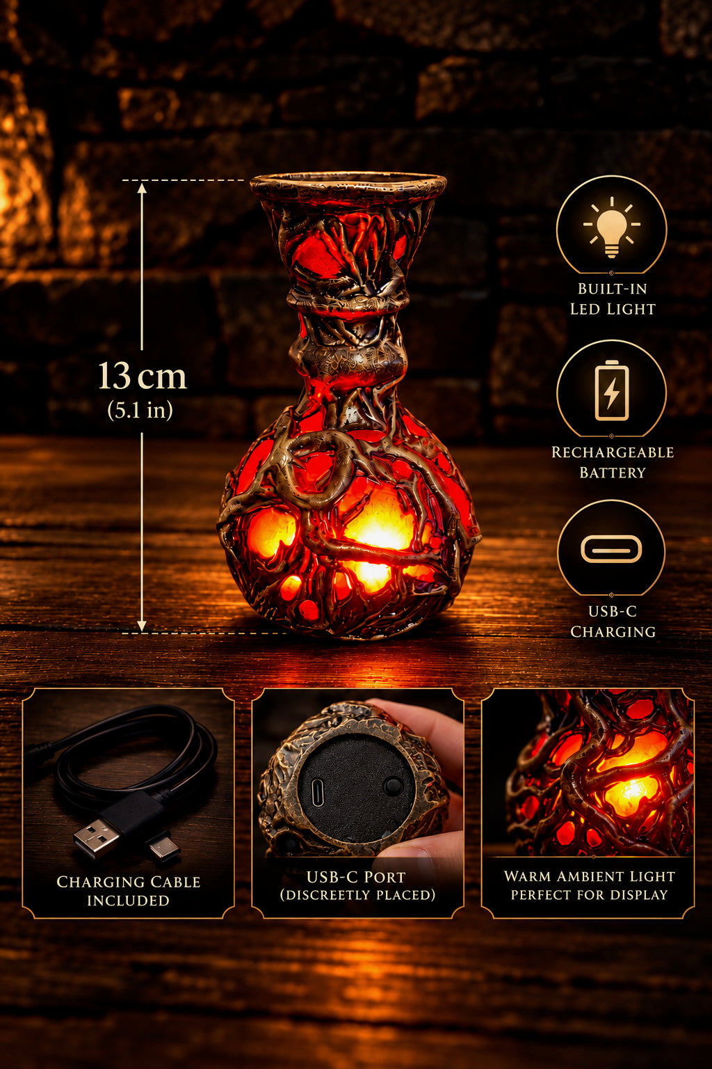 Elden Ring Crimson Tears Flask, Glowing Fantasy Potion Prop, 3D Printed Hand Painted