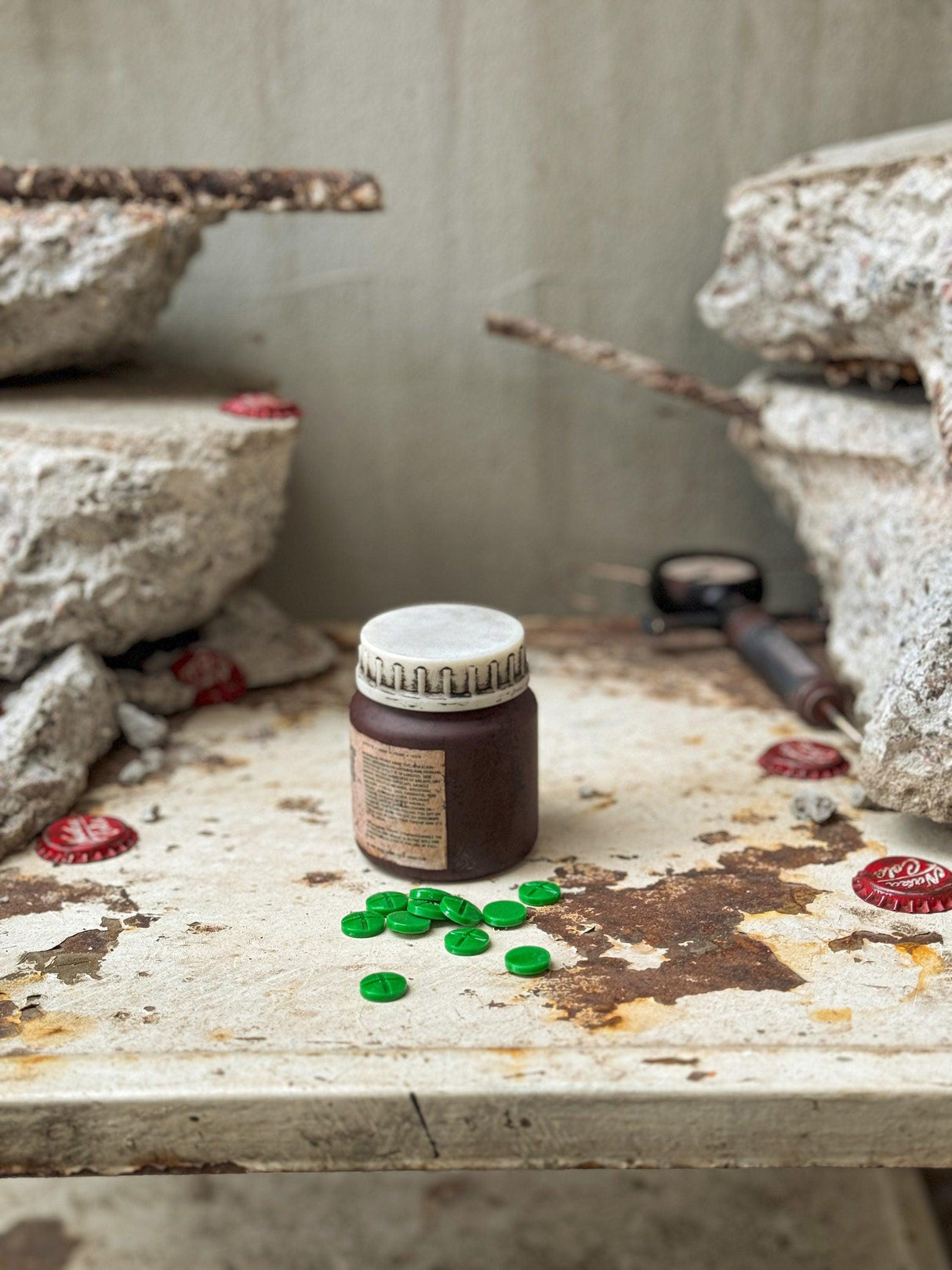 Weathered buffout bottle and pills, fallout 4, highly addictive steroid, artifact fallout inspired, buffout replica