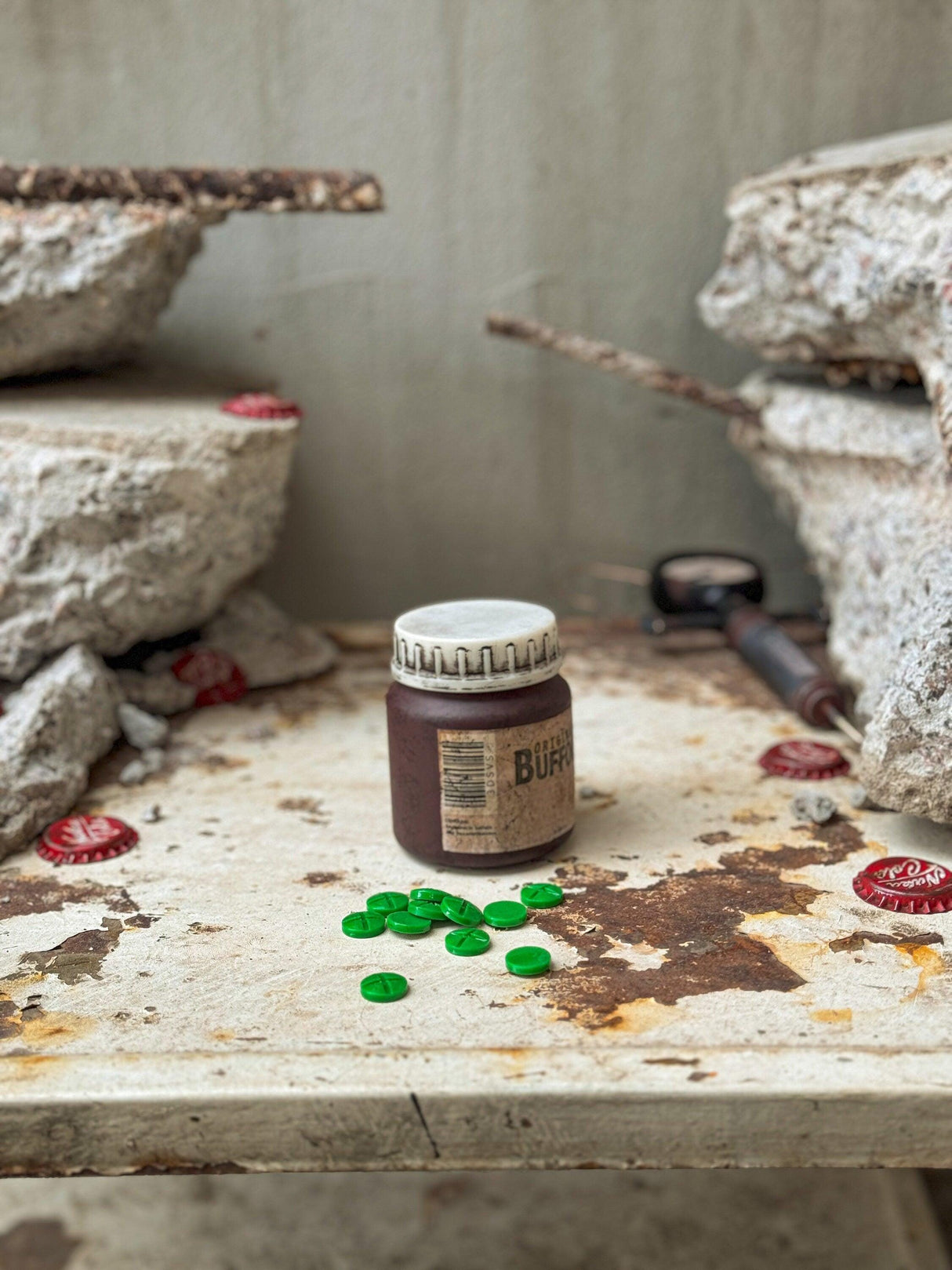 Weathered buffout bottle and pills, fallout 4, highly addictive steroid, artifact fallout inspired, buffout replica