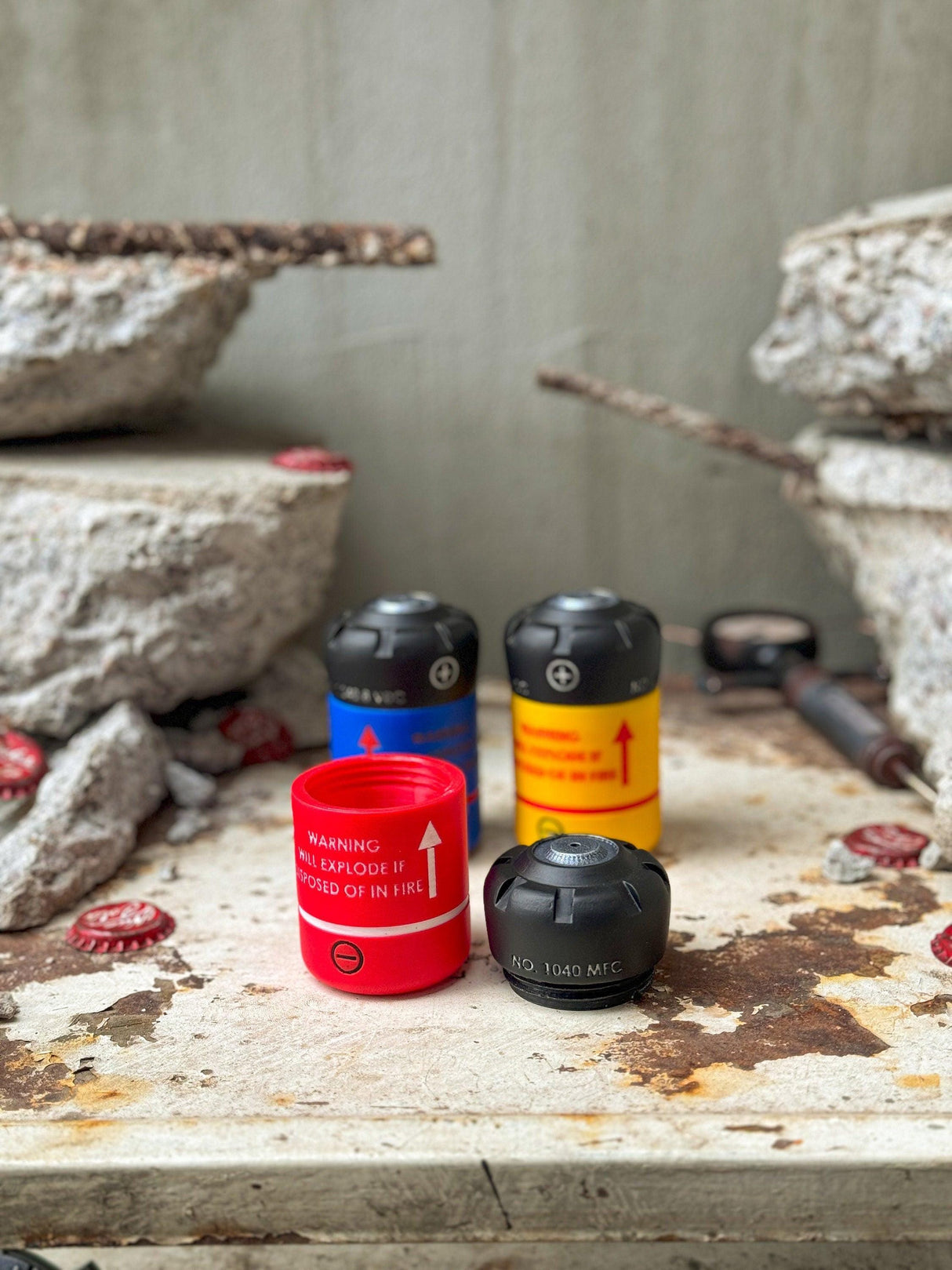 Ammunition set from fallout with black colored lids, fallout fusion cell, cryo cell, electron charge pack stash containers, fallout decor