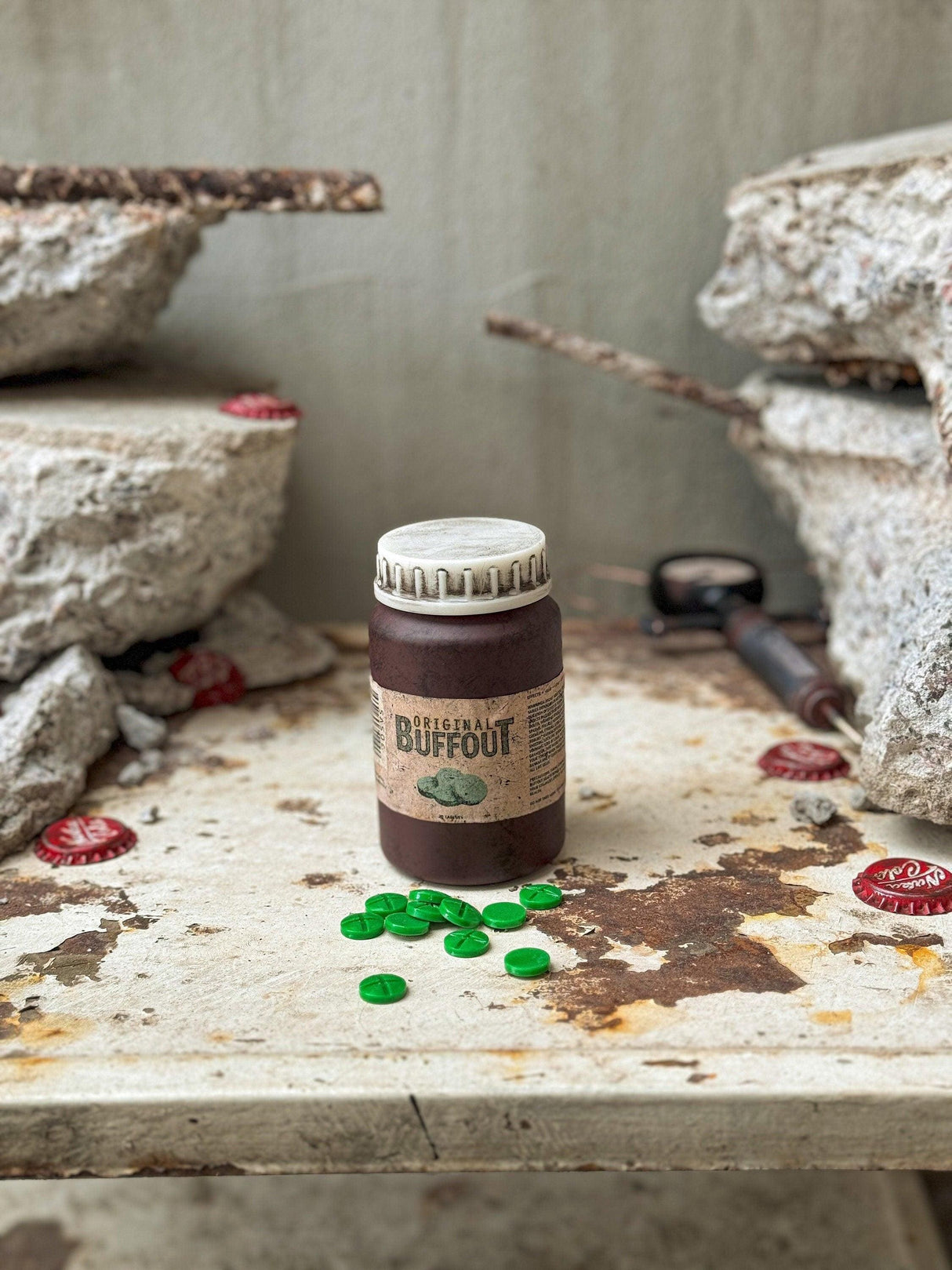 Weathered buffout bottle and pills, fallout 3, fallout new vegas steroid, artifact fallout inspired, buffout replica