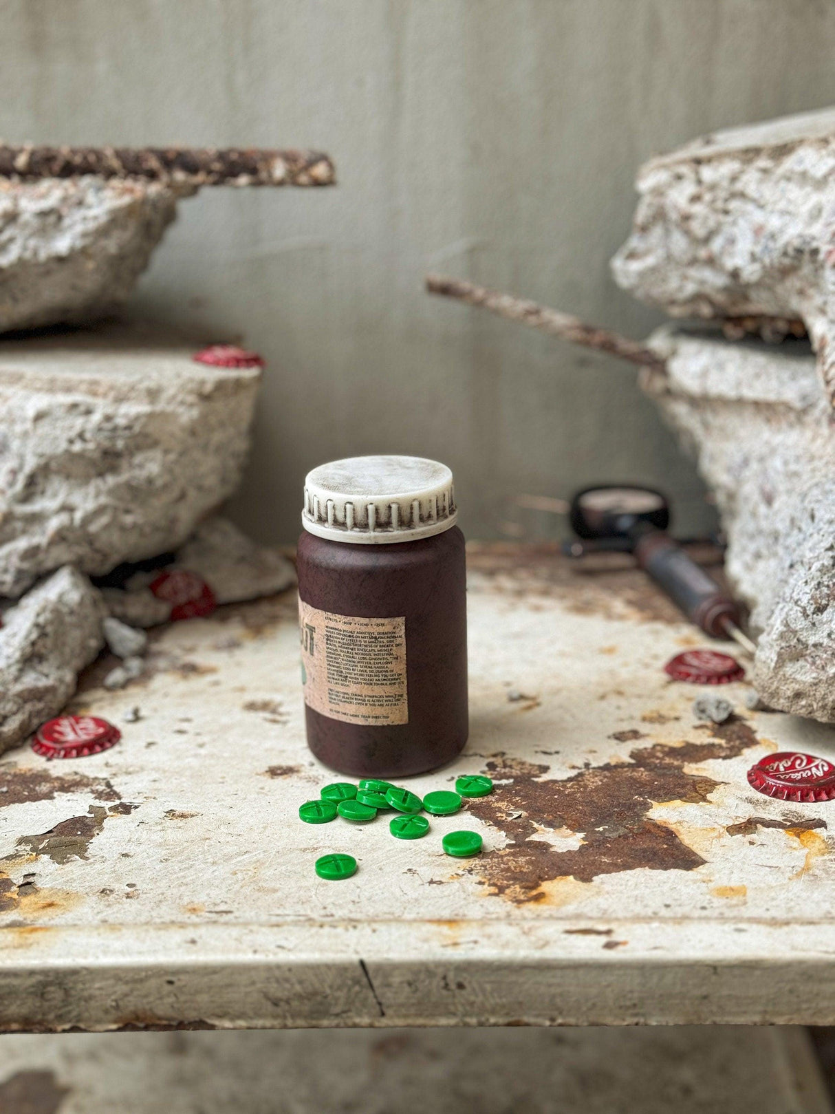 Weathered buffout bottle and pills, fallout 3, fallout new vegas steroid, artifact fallout inspired, buffout replica