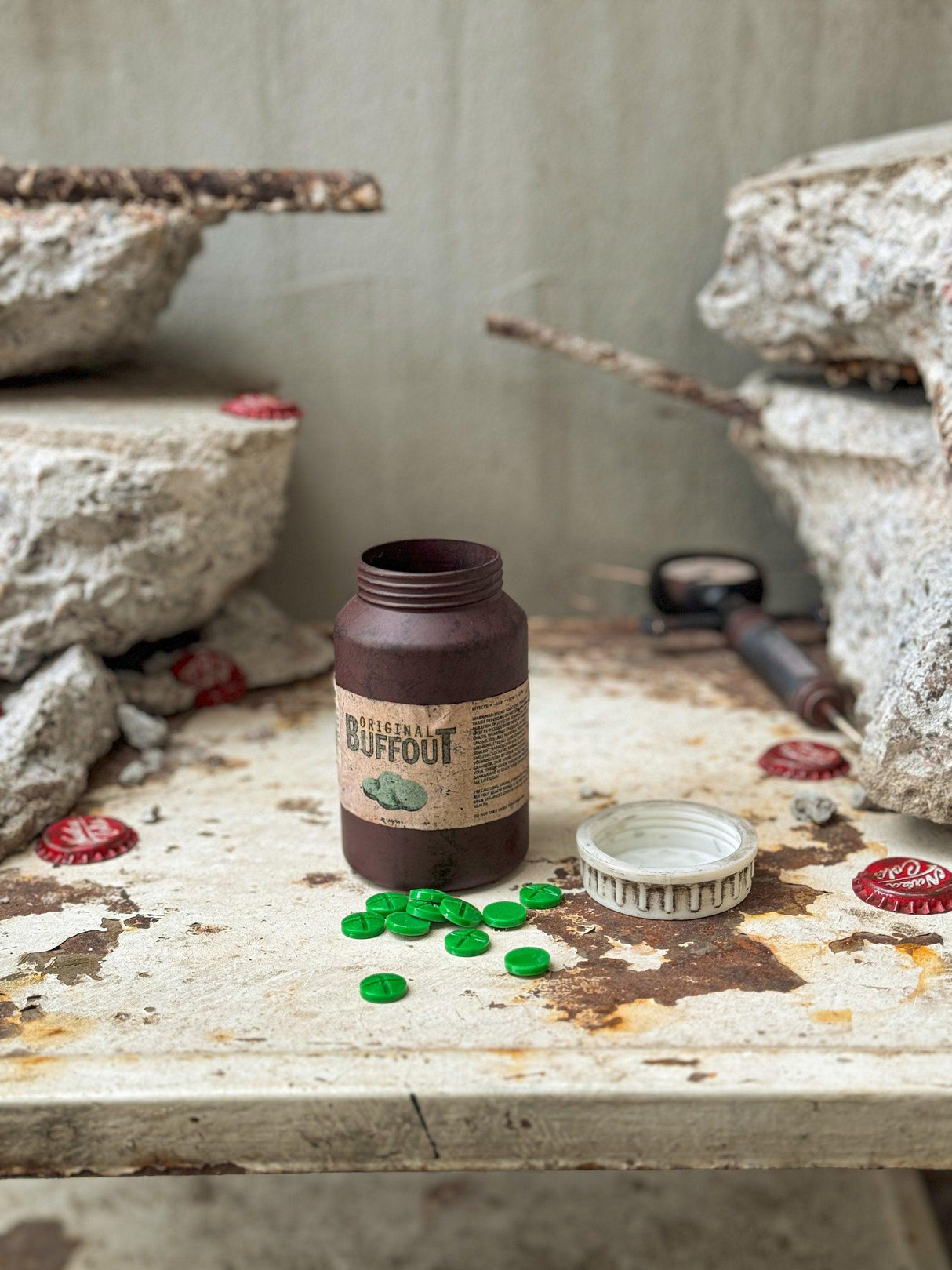 Weathered buffout bottle and pills, fallout 3, fallout new vegas steroid, artifact fallout inspired, buffout replica