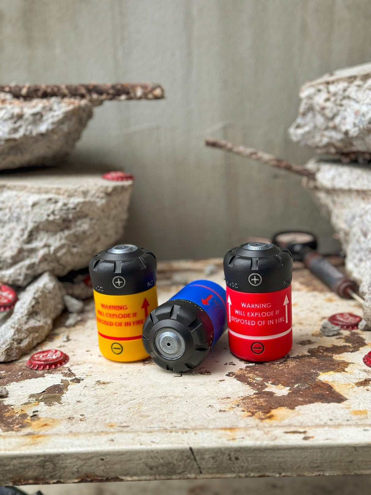 Ammunition set from fallout with black colored lids, fallout fusion cell, cryo cell, electron charge pack stash containers, fallout decor