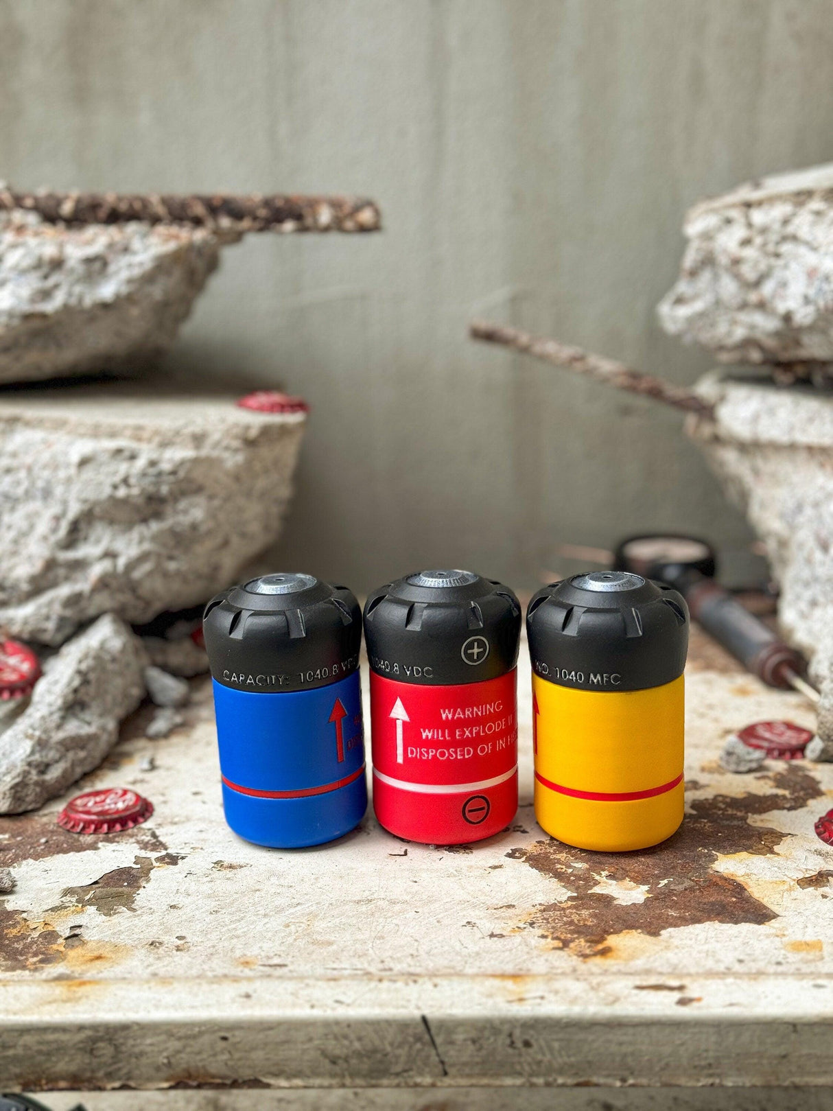 Ammunition set from fallout with black colored lids, fallout fusion cell, cryo cell, electron charge pack stash containers, fallout decor