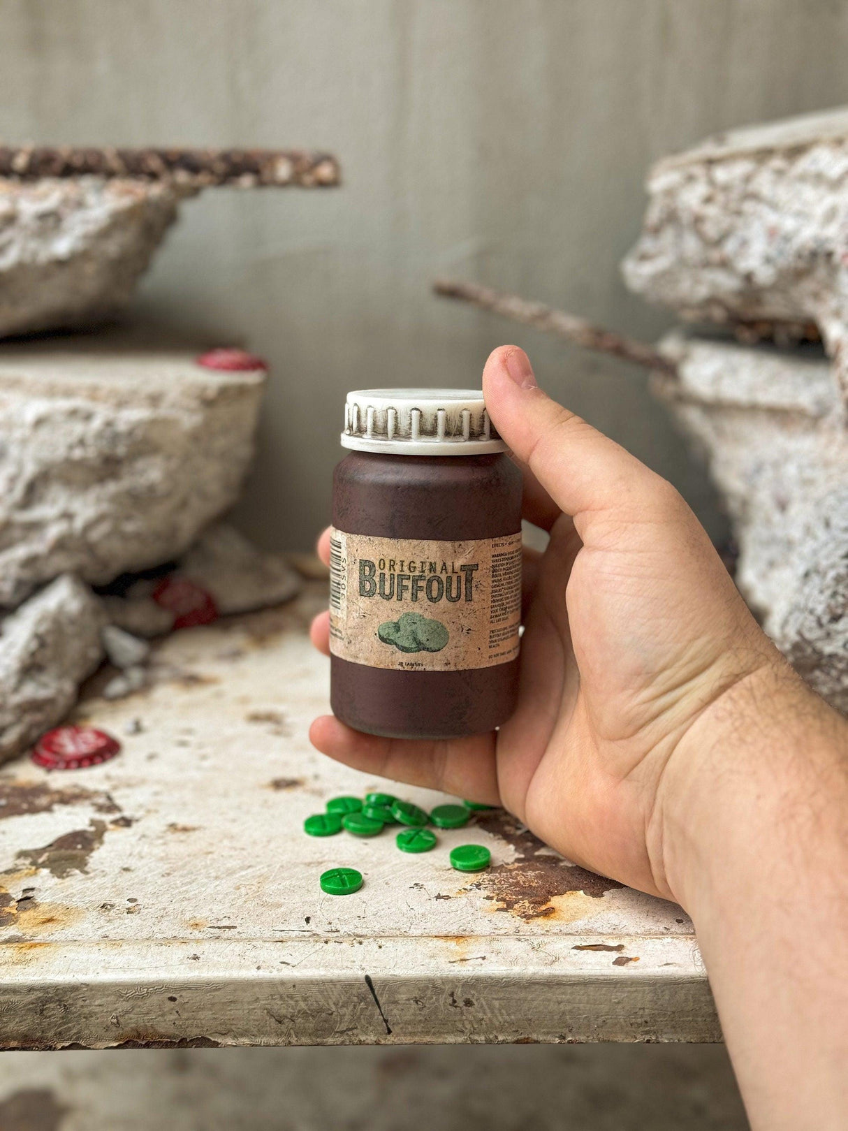 Weathered buffout bottle and pills, fallout 3, fallout new vegas steroid, artifact fallout inspired, buffout replica