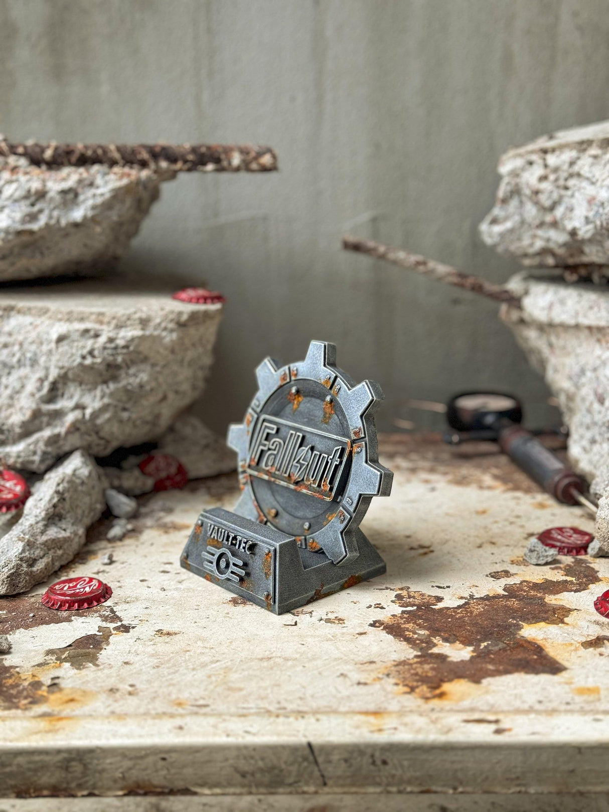 Fallout weathered mobile phone stand, vault door shaped phone stand, fallout decor