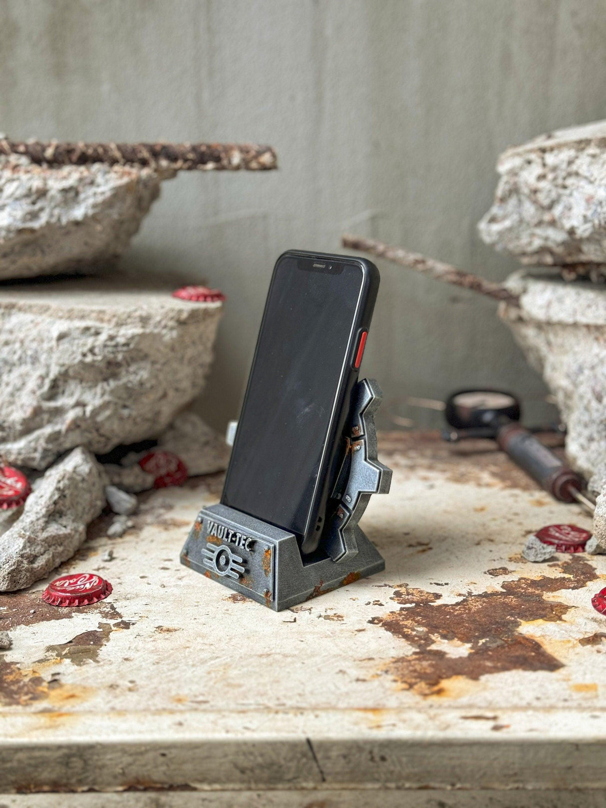 Fallout weathered mobile phone stand, vault door shaped phone stand, fallout decor