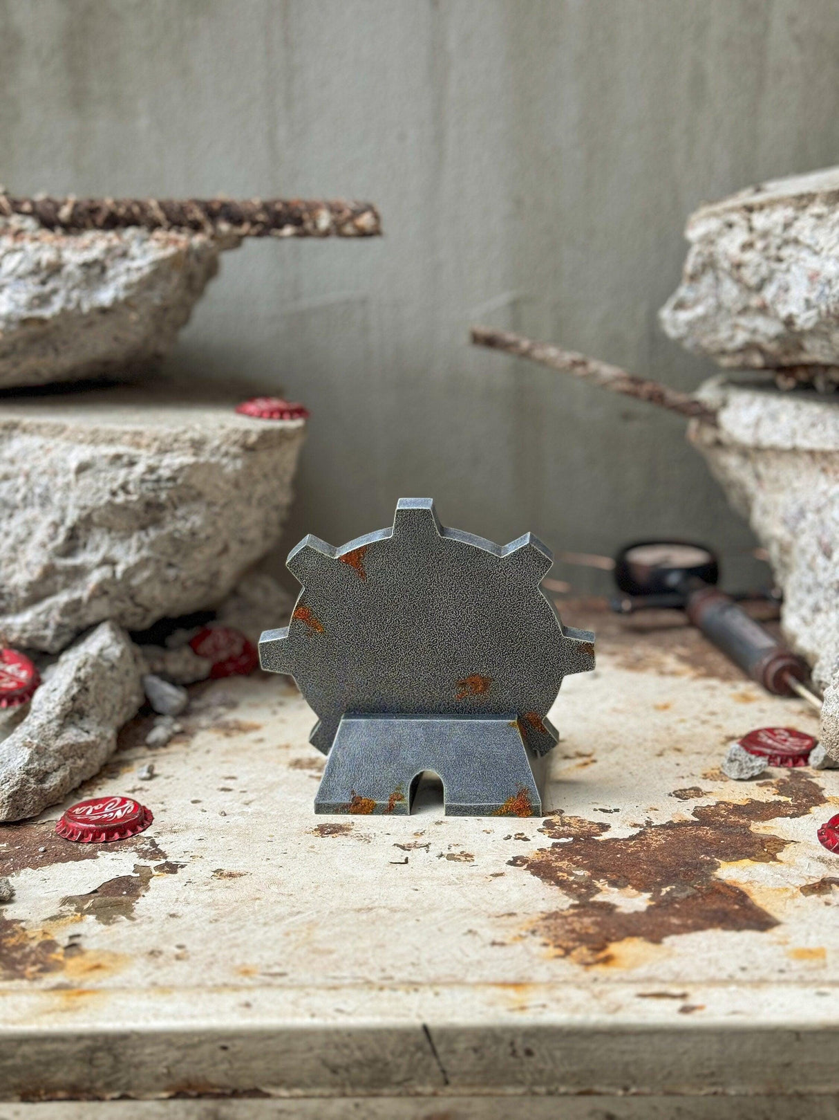 Fallout weathered mobile phone stand, vault door shaped phone stand, fallout decor