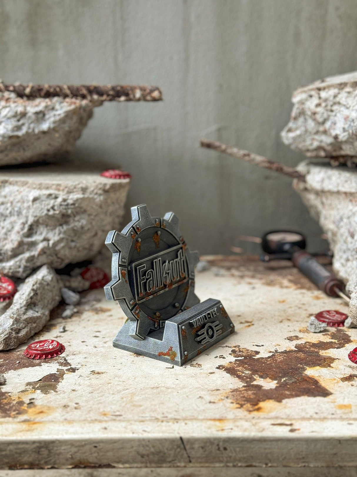 Fallout weathered mobile phone stand, vault door shaped phone stand, fallout decor
