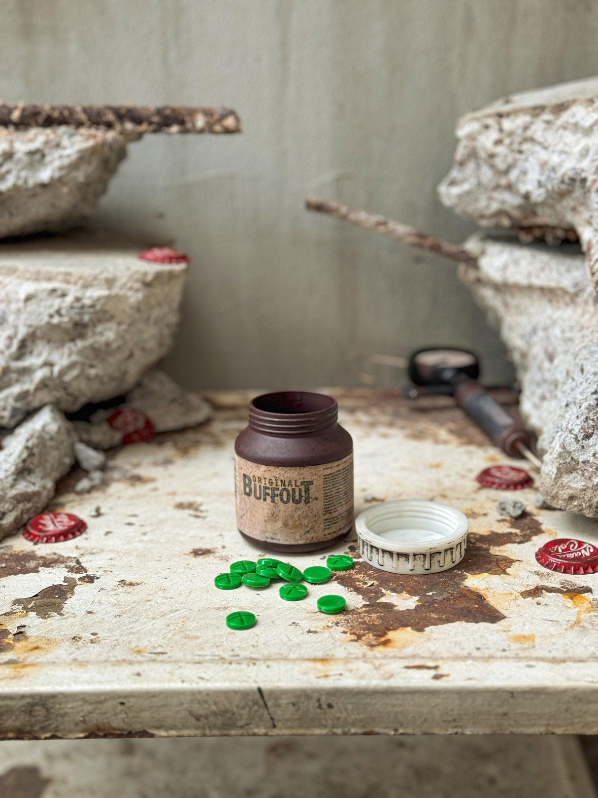 Weathered buffout bottle and pills, fallout 4, highly addictive steroid, artifact fallout inspired, buffout replica