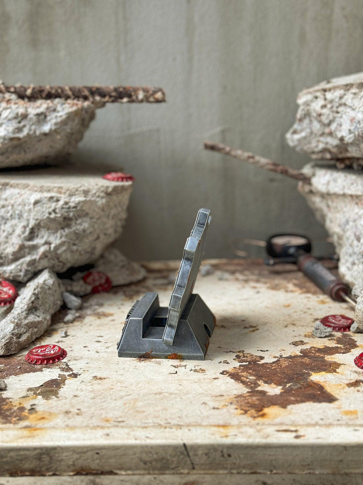 Fallout weathered mobile phone stand, vault door shaped phone stand, fallout decor