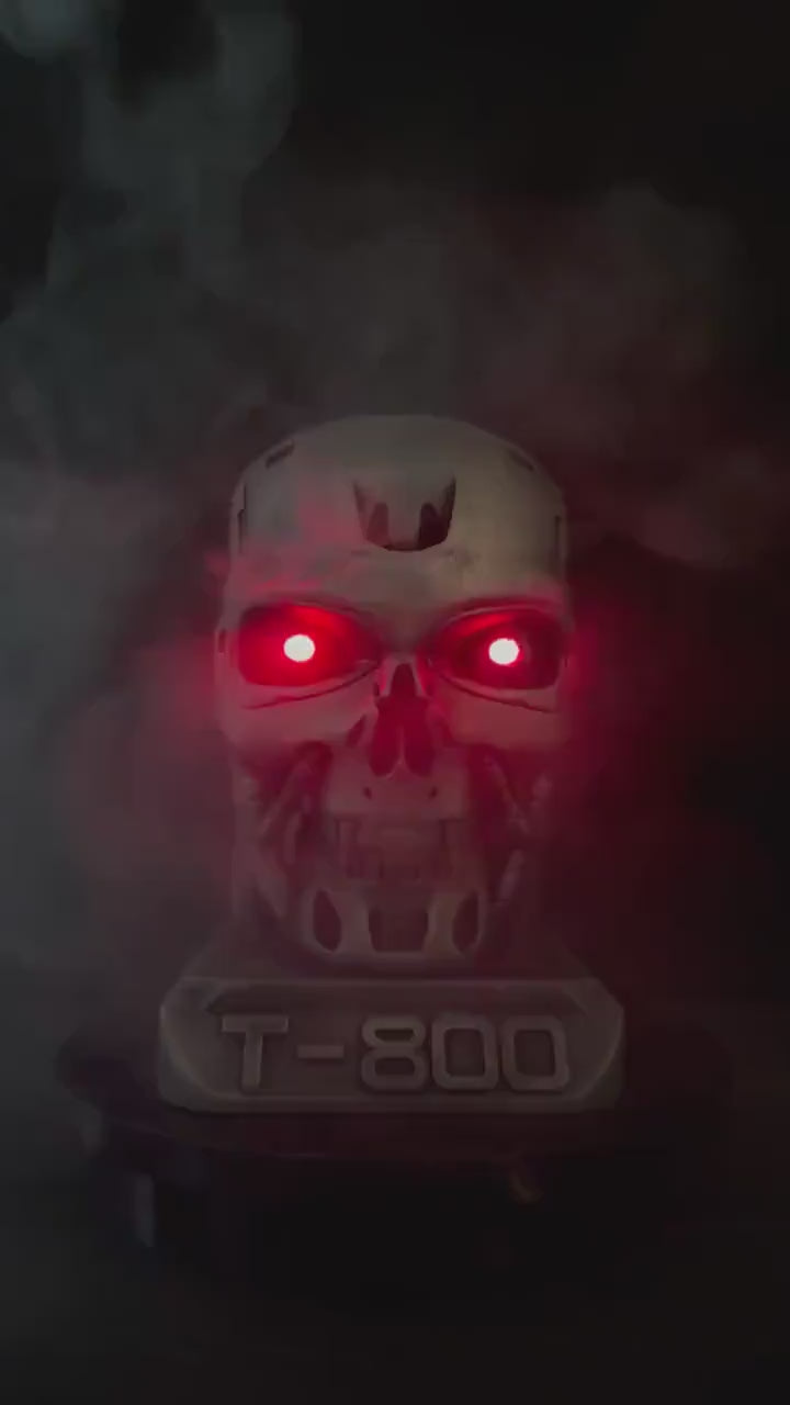 Terminator skull with Glowing Eyes, Terminator T - 800 Figurine, Terminator Statue Bust, LED Terminator